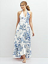 Front View Thumbnail - Cottage Rose Dusk Blue Chiffon Halter High-Low Dress with Deep Ruffle Hem