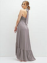Rear View Thumbnail - Cashmere Gray Chiffon Halter High-Low Dress with Deep Ruffle Hem