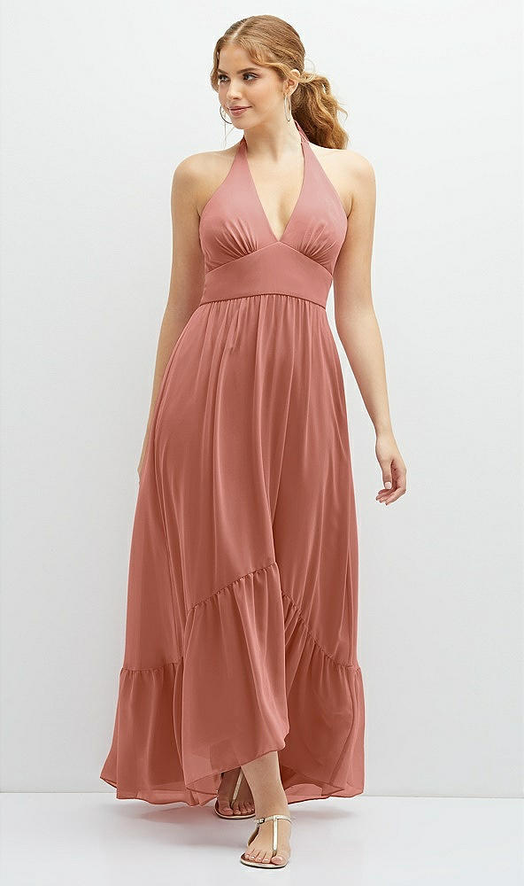 Front View - Desert Rose Chiffon Halter High-Low Dress with Deep Ruffle Hem