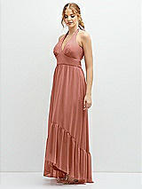 Side View Thumbnail - Desert Rose Chiffon Halter High-Low Dress with Deep Ruffle Hem