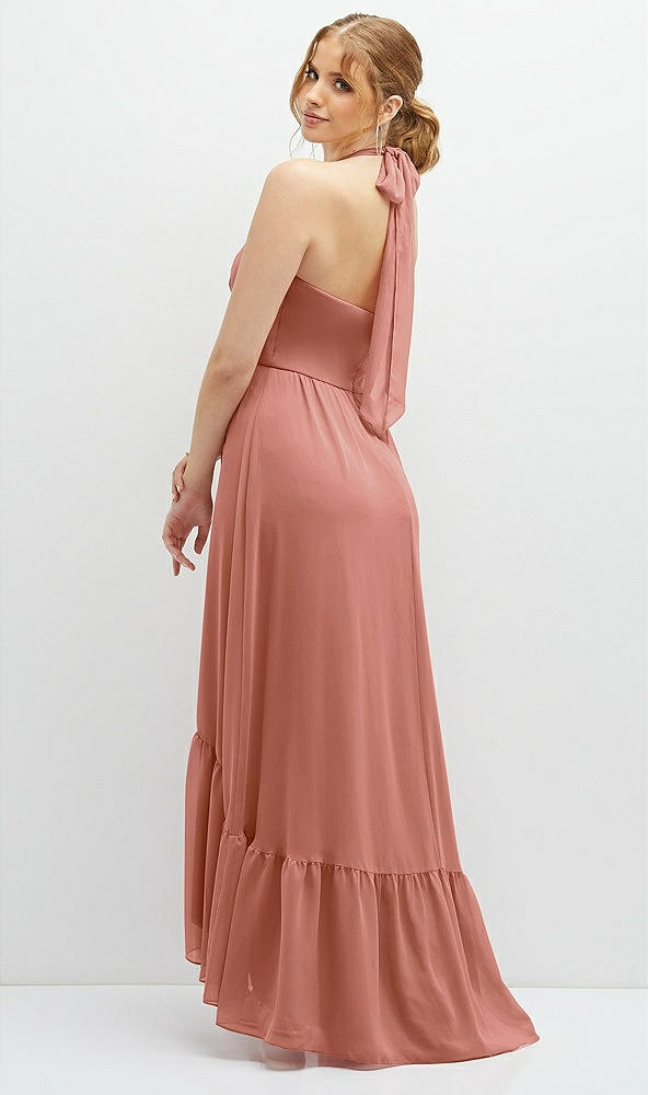 Back View - Desert Rose Chiffon Halter High-Low Dress with Deep Ruffle Hem