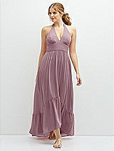 Front View Thumbnail - Dusty Rose Chiffon Halter High-Low Dress with Deep Ruffle Hem