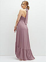 Rear View Thumbnail - Dusty Rose Chiffon Halter High-Low Dress with Deep Ruffle Hem