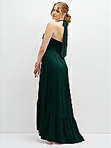 Rear View Thumbnail - Evergreen Chiffon Halter High-Low Dress with Deep Ruffle Hem