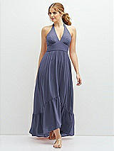 Front View Thumbnail - French Blue Chiffon Halter High-Low Dress with Deep Ruffle Hem