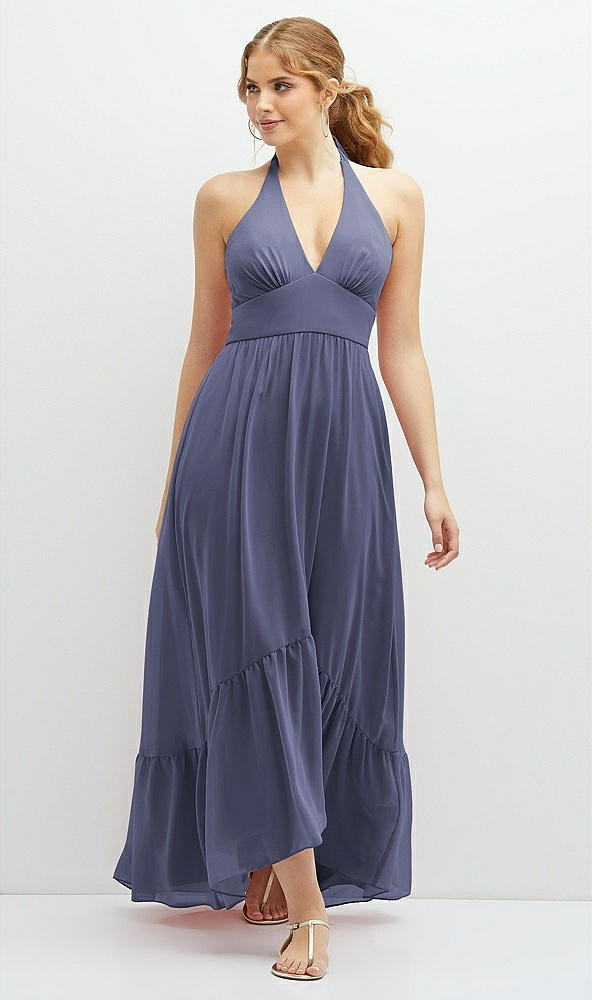 Front View - French Blue Chiffon Halter High-Low Dress with Deep Ruffle Hem