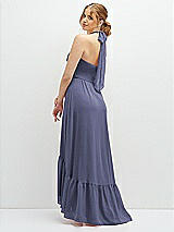 Rear View Thumbnail - French Blue Chiffon Halter High-Low Dress with Deep Ruffle Hem