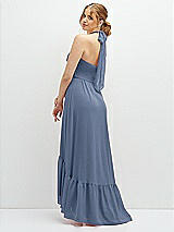 Rear View Thumbnail - Larkspur Blue Chiffon Halter High-Low Dress with Deep Ruffle Hem