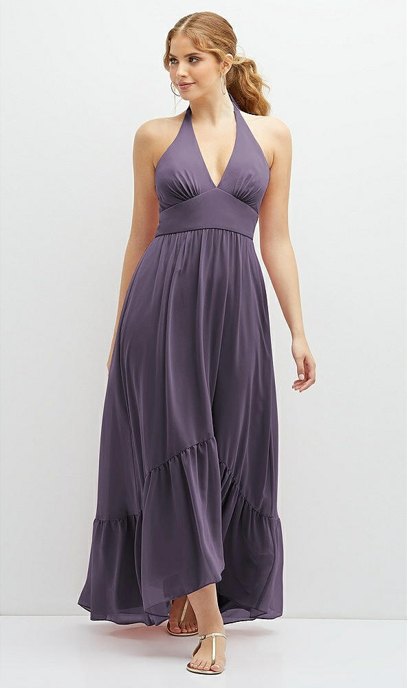 Front View - Lavender Chiffon Halter High-Low Dress with Deep Ruffle Hem
