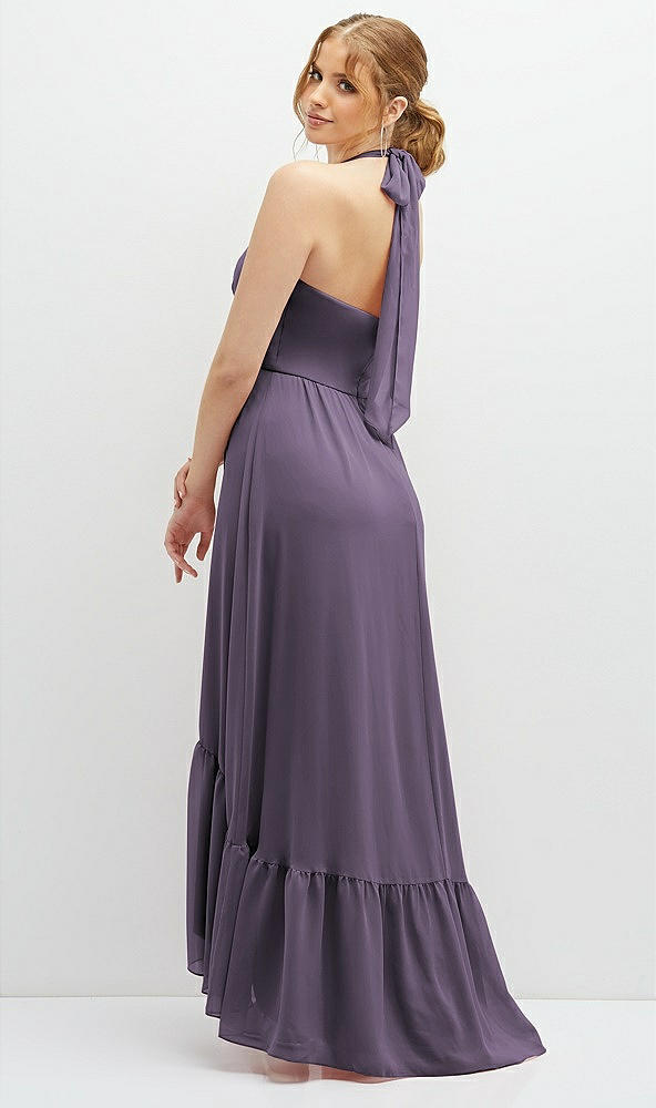 Back View - Lavender Chiffon Halter High-Low Dress with Deep Ruffle Hem