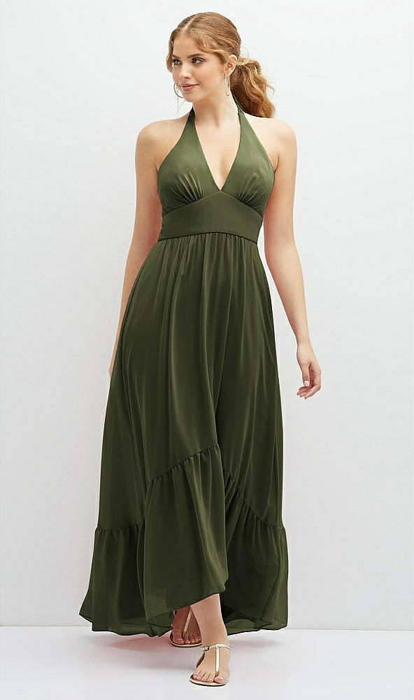 Front View - Olive Green Chiffon Halter High-Low Dress with Deep Ruffle Hem