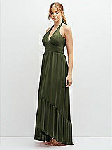 Side View Thumbnail - Olive Green Chiffon Halter High-Low Dress with Deep Ruffle Hem