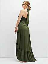 Rear View Thumbnail - Olive Green Chiffon Halter High-Low Dress with Deep Ruffle Hem