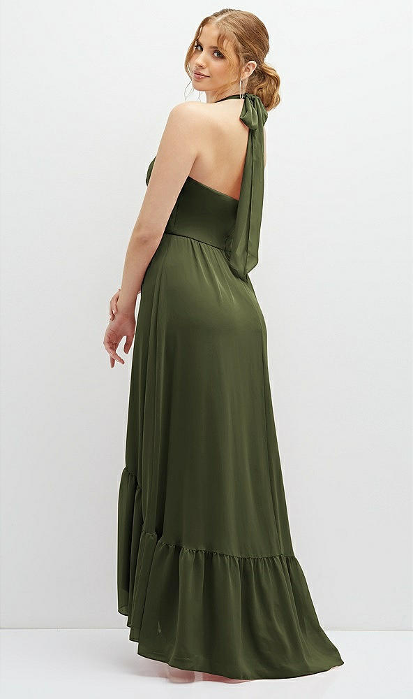 Back View - Olive Green Chiffon Halter High-Low Dress with Deep Ruffle Hem