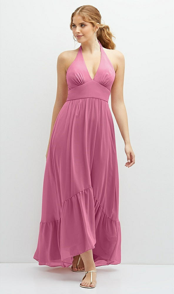 Front View - Orchid Pink Chiffon Halter High-Low Dress with Deep Ruffle Hem