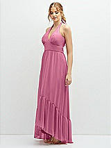 Side View Thumbnail - Orchid Pink Chiffon Halter High-Low Dress with Deep Ruffle Hem
