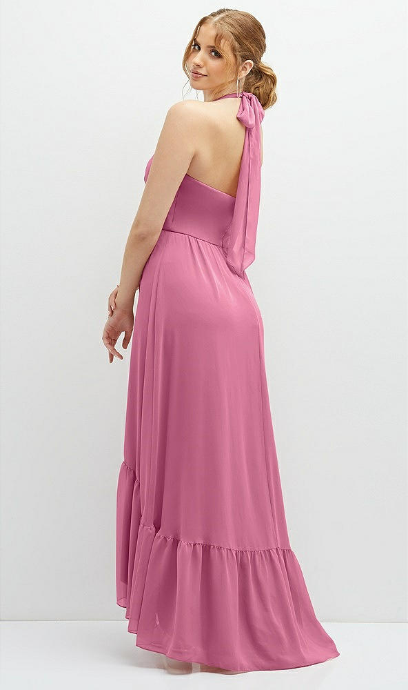 Back View - Orchid Pink Chiffon Halter High-Low Dress with Deep Ruffle Hem