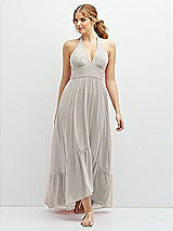 Front View Thumbnail - Oyster Chiffon Halter High-Low Dress with Deep Ruffle Hem