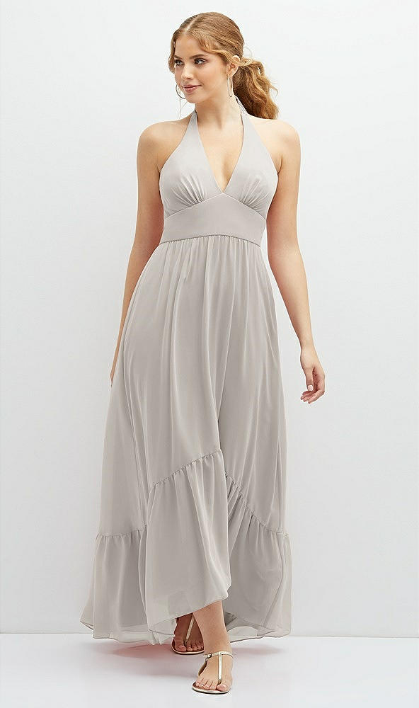 Front View - Oyster Chiffon Halter High-Low Dress with Deep Ruffle Hem
