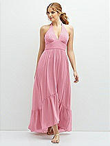 Front View Thumbnail - Peony Pink Chiffon Halter High-Low Dress with Deep Ruffle Hem