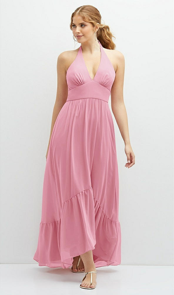 Front View - Peony Pink Chiffon Halter High-Low Dress with Deep Ruffle Hem