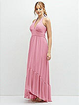 Side View Thumbnail - Peony Pink Chiffon Halter High-Low Dress with Deep Ruffle Hem