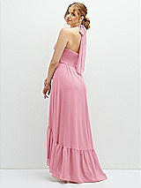 Rear View Thumbnail - Peony Pink Chiffon Halter High-Low Dress with Deep Ruffle Hem