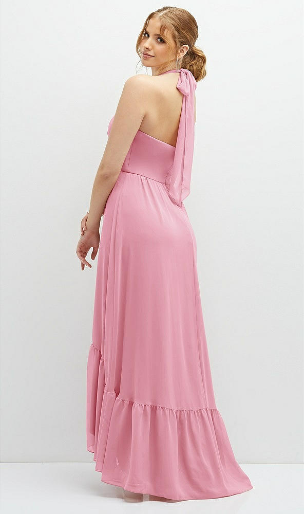 Back View - Peony Pink Chiffon Halter High-Low Dress with Deep Ruffle Hem