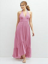 Front View Thumbnail - Powder Pink Chiffon Halter High-Low Dress with Deep Ruffle Hem