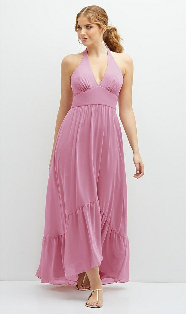 Front View - Powder Pink Chiffon Halter High-Low Dress with Deep Ruffle Hem