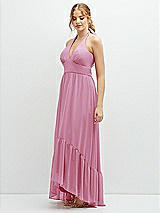 Side View Thumbnail - Powder Pink Chiffon Halter High-Low Dress with Deep Ruffle Hem