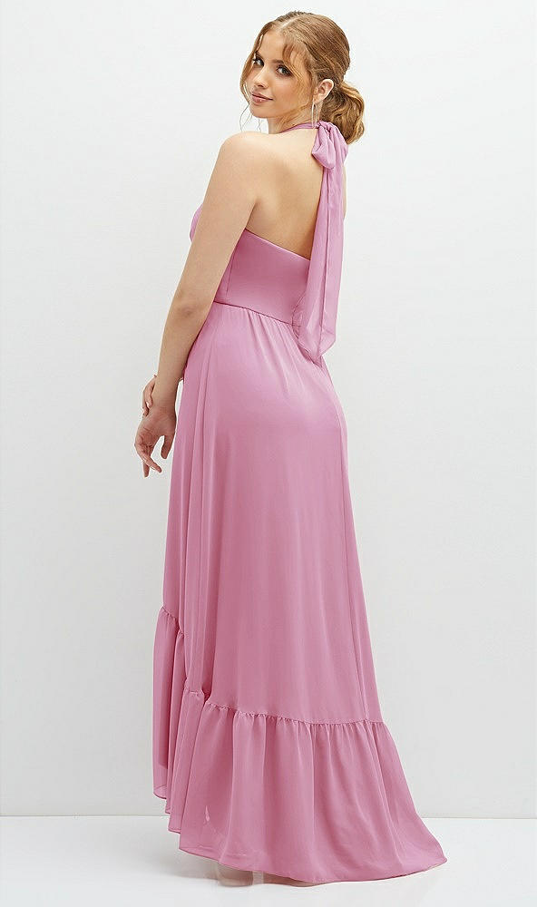 Back View - Powder Pink Chiffon Halter High-Low Dress with Deep Ruffle Hem