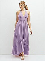 Front View Thumbnail - Pale Purple Chiffon Halter High-Low Dress with Deep Ruffle Hem