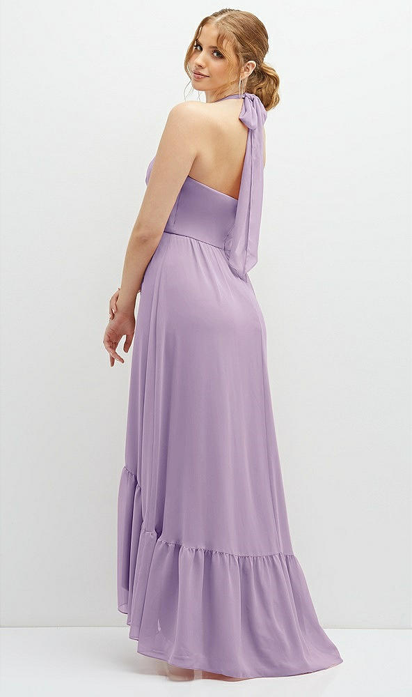 Back View - Pale Purple Chiffon Halter High-Low Dress with Deep Ruffle Hem