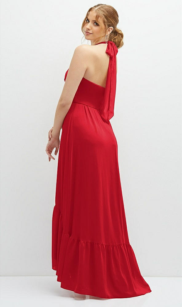 Back View - Parisian Red Chiffon Halter High-Low Dress with Deep Ruffle Hem