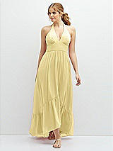 Front View Thumbnail - Pale Yellow Chiffon Halter High-Low Dress with Deep Ruffle Hem