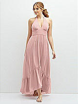 Front View Thumbnail - Rose - PANTONE Rose Quartz Chiffon Halter High-Low Dress with Deep Ruffle Hem