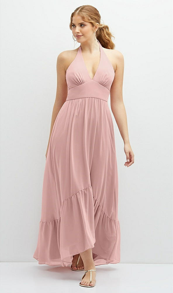 Front View - Rose - PANTONE Rose Quartz Chiffon Halter High-Low Dress with Deep Ruffle Hem