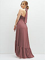 Rear View Thumbnail - Rosewood Chiffon Halter High-Low Dress with Deep Ruffle Hem