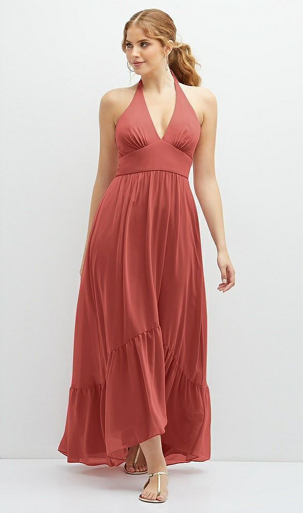 Front View - Coral Pink Chiffon Halter High-Low Dress with Deep Ruffle Hem