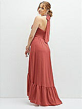 Rear View Thumbnail - Coral Pink Chiffon Halter High-Low Dress with Deep Ruffle Hem