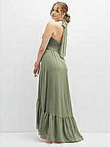 Rear View Thumbnail - Sage Chiffon Halter High-Low Dress with Deep Ruffle Hem