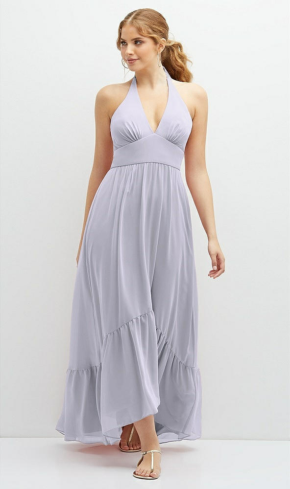 Front View - Silver Dove Chiffon Halter High-Low Dress with Deep Ruffle Hem
