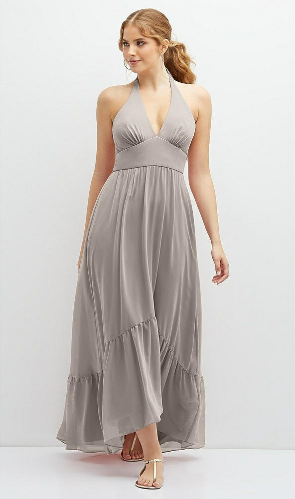Front View - Taupe Chiffon Halter High-Low Dress with Deep Ruffle Hem