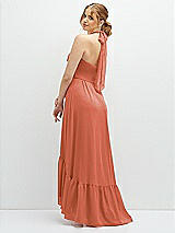 Rear View Thumbnail - Terracotta Copper Chiffon Halter High-Low Dress with Deep Ruffle Hem