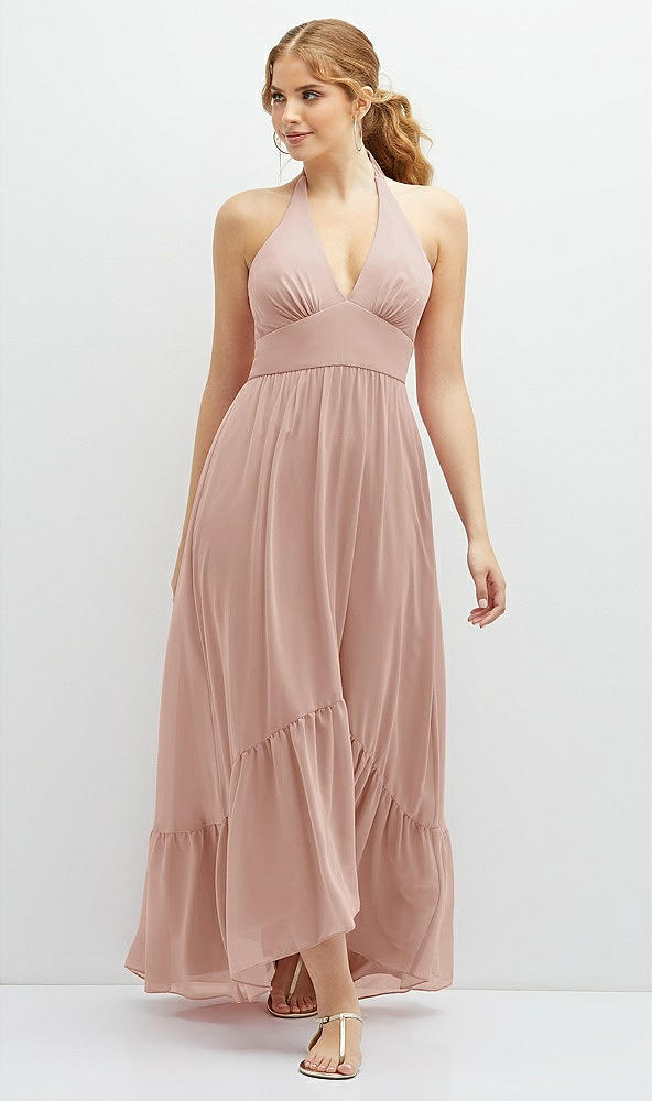 Front View - Toasted Sugar Chiffon Halter High-Low Dress with Deep Ruffle Hem