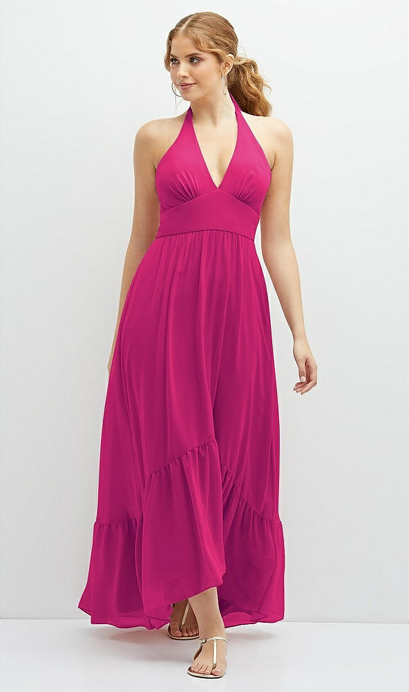Front View - Think Pink Chiffon Halter High-Low Dress with Deep Ruffle Hem