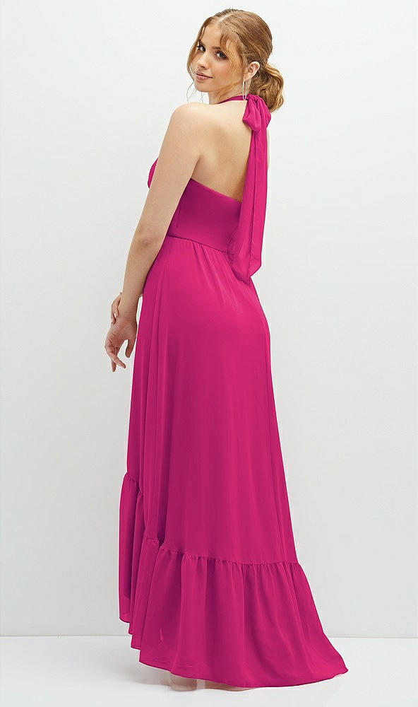 Back View - Think Pink Chiffon Halter High-Low Dress with Deep Ruffle Hem