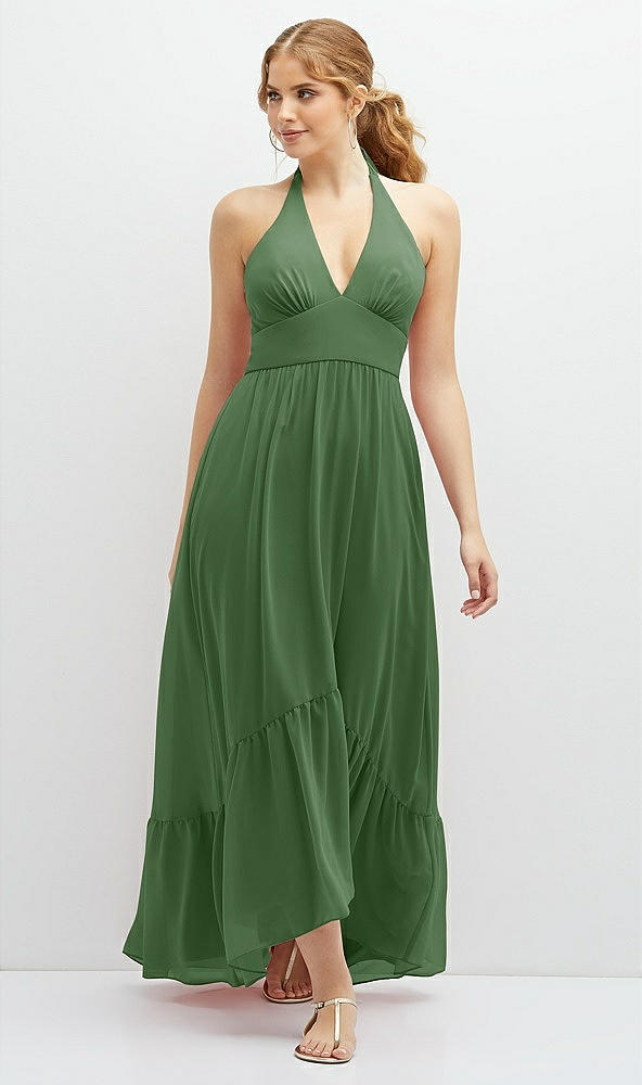 Front View - Vineyard Green Chiffon Halter High-Low Dress with Deep Ruffle Hem