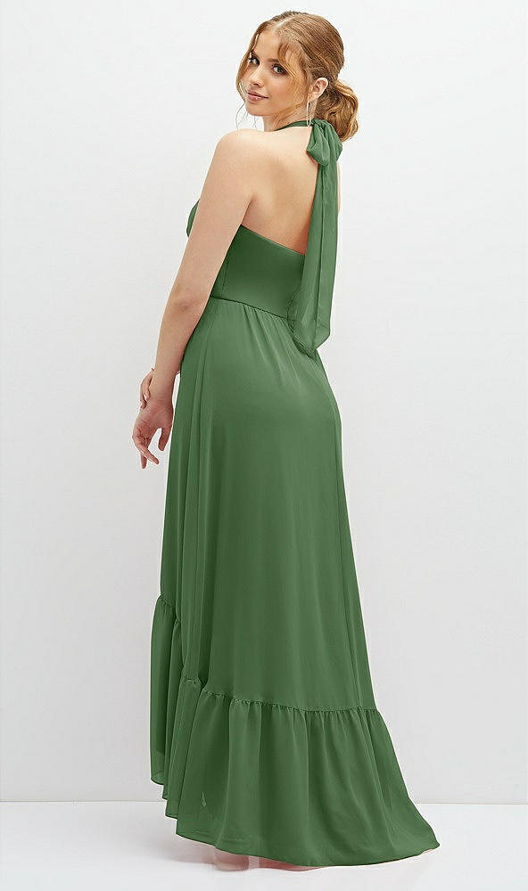 Back View - Vineyard Green Chiffon Halter High-Low Dress with Deep Ruffle Hem